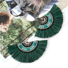 Retro ethnic embroidery earrings raffia fan-shaped dark green black big tassel earrings simple fashion ladies jewelry wholesale 2024 - buy cheap
