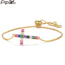 Pipitree-pulsera Multicolor brillante de Zirconia cúbica para mujer, brazalete con colgante de cruz, cadena deslizante de cobre, pulseras de piedra de nacimiento, regalo de joyería 2024 - compra barato