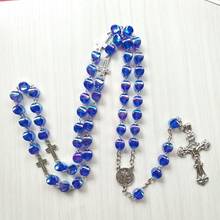 QIGO Blue Acrylic Strand Necklace Vintage Jesus Cross Rosary Neckalce Catholic Religious Pray Jewelry For Men Women 2024 - buy cheap