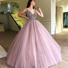 2022 Sexy V-neck Crystal Beads Tulle Long Prom Dresses Ball Gown Floor Length robes Long Evening Gowns vestido formatura 2024 - buy cheap