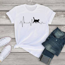 Camiseta feminina branca, design simples de desenho animado gato, harajuku, manga curta, gola redonda, para verão 2024 - compre barato