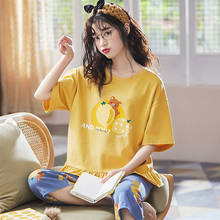 Summer Pajamas Set Cotton Short Sleeve Plus Size Loose Calf-length Pants Sleepwear Cute Cartoon Yellow Women's T-shirts Homewear 2024 - buy cheap