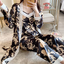 Nightgown Set 2020 Autumn new arrival Long Sleeve Fashion Print Black Three-piece Homewear Set with Chest Pad bride robe пижама 2024 - buy cheap