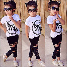 Kids Girls Clothes Set Baby Girl Summer Short Sleeve Print T-Shirt + Hole Pant Leggings 2PCS Outfit Children Clothing Set 2024 - купить недорого