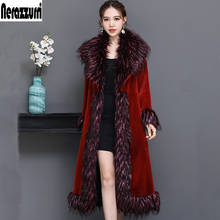 Nerazzurri Elegant Luxury runway faux fur coat women 2021 Winter black blue red long furry fluffy outwear with fox fur collar 2024 - buy cheap