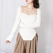 2021 Spring Solid Square Collar Women Pullover Sexy Fashion Irregular Tops Knitted Slim Bodycon Sweaters Vintage Elegant Pull 2024 - buy cheap