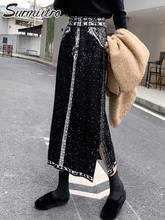 SURMIITRO 2021 Fashion Autumn Winter Knit Midi Long Skirt Women Korean Style Black Dots Mid-Length High Waist Split Skirt Female 2024 - купить недорого