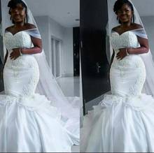 Vestido de noiva longo bordado estilo sereia, vestidos de noiva com ombro à mostra, cetim, vestido indiano, tamanhos grandes, costuras para casamento 2024 - compre barato