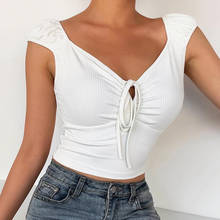 Camiseta básica de punto de canalé para mujer, Top corto de manga corta con cuello en V fruncido con cordón, camiseta informal en blanco y negro 2021 2024 - compra barato