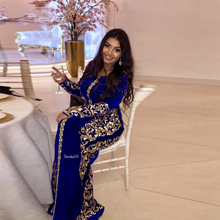 Velour Mermaid Moroccan Kaftan Evening Dress Sexy Dubai Royal Blue V Neck Long Sleeve Applique Muslim Arabic Prom Dresses Custom 2024 - buy cheap