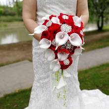 Cachoeira noiva bouquet rosa vermelha flor de casamento pérolas artificiais cristal real toque branco cala lírio acessórios de casamento 2024 - compre barato