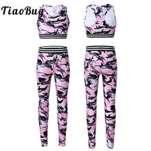 TiaoBug-chándal con estampado de camuflaje para niñas, Top corto elástico con Leggings, pantalones, Ropa de baile, Ballet y gimnasia 2024 - compra barato