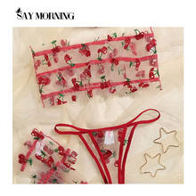 SAY MORNING-Conjunto de lencería de encaje para mujer, conjunto de 4 piezas de sujetador rojo con muñecas, lencería de encaje, sujetador con aros y bragas 2024 - compra barato