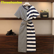 Striped Patchwork Dress Women 2021 Casual Short Sleeve O-Neck Office Ladies Cotton Long Dresses Vestido 2024 - buy cheap