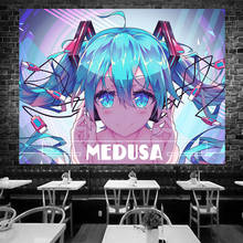 Tapeçaria de música de cabelo azul, decoração de parede para sala de estar, quarto, presente para homens e mulheres, anime 2024 - compre barato