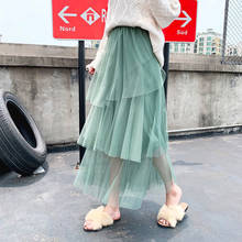 Ohryiyie saia longa de tule feminina, verde rosa, elegante coreana, cintura alta a-linha, saia tutu feminina jupe 2024 - compre barato