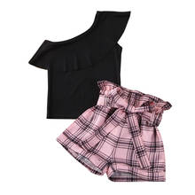 Conjunto de roupas femininas para bebês, 2-7 anos, com um ombro, babados, camisetas, estampa de xadrez e shorts, 2 peças 2024 - compre barato