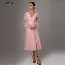 Vintage Blush Pink Tea Length Cocktail Party Dress A Line Sheer Long Sleeves V Neck Evening Gowns Simple Short Graduation Dress 2024 - buy cheap