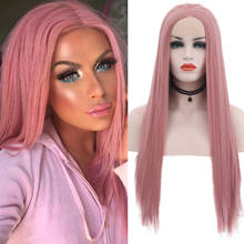 Quinlux perucas sem cola fibra de calor rosa longo seda peruca reta para as mulheres cosplay natural linha fina peruca dianteira do laço sintético pêssego 2024 - compre barato