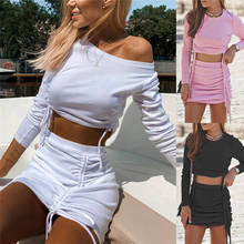 2020 Autumn Casual Drawstring Pleated Suit O-Neck Long Sleeve T-shirt And Bodycon Skirt 2PCS Sets Women Slim Solid Club Outfit 2024 - buy cheap