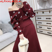 ALPHALMODA 2019 Winter New Polka Dot Knitting Skirts Sweater Suit V-neck Bat-sleeve Women Trendy Jumper + Pleated Skirt Knit Set 2024 - buy cheap