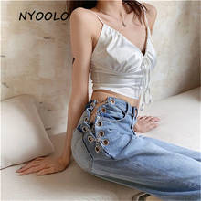 NYOOLO 2020 Summer sexy chain high waist washed jeans women Fashion streetwear loose punk Split ankle length denim pants 2024 - buy cheap