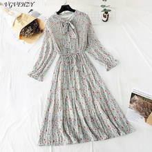 Floral Print Chiffon Dress 2020 Women Spring Long Sleeve Ruffle Pleated Long Dress Elastic Waist Vintage Femme Vestidos 2024 - buy cheap