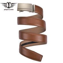 Plyesxale-Cinturón de cuero genuino para hombre, de alta calidad, con hebilla automática de trinquete marrón, cinturones de negocios populares de lujo, B210 2024 - compra barato