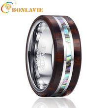 BONLAVIE hombres graban nombre anillos 8MM ébano madera grano Natural abulón cáscara tungsteno acero anillo de boda regalo de novio 2024 - compra barato