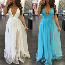 NEW Women Sexy Backless Summer Beach Dress Ladies Solid Color V-Neck White Blue Sundress Fashion Casual Clothes 2024 - buy cheap