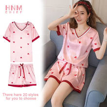 HNMCHIEF silk pajamas for women sleepwear Pink Summer V-neck Cute Print Sweet Girl Nightgown plus size shorts sets pyjama femme 2024 - buy cheap