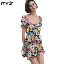 Mxtin mini vestido estampado floral botão vintage, primavera, feminino, gola v, manga curta, plissado, vestidos para festa 2024 - compre barato