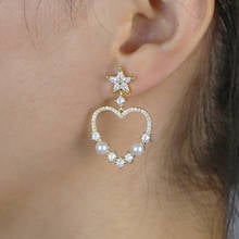 Pendiente de estrella coreana para mujer, arete de lujo con forma de corazón, pavé AAA de circonita cúbica y perlas, joyería de boda, 2020 2024 - compra barato