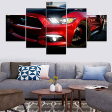 Lienzo impreso en HD para decoración moderna del hogar, pintura de coche Mustang rojo para sala de estar, arte de pared, carteles modulares, Marco de Imágenes, 5 paneles 2024 - compra barato