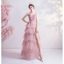 Длинное вечернее платье из розового тюля, с v-образным вырезом, на бретельках-спагетти, с бантом спереди и разрезом на спине, 2020 2024 - купить недорого