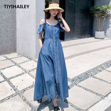 TIYIHAILEY-maxivestido Vintage de algodón vaquero para mujer, Vestido largo de manga corta con un solo pecho y hombros descubiertos, S-XL de verano, 2020, envío gratis 2024 - compra barato