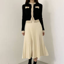 Jsxdhk conjunto feminino elegante de malha com 2 peças, moda outono feminina, casaco com botões de pérola + saia plissada midi 2024 - compre barato