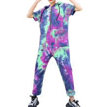 Summer Tie Dye Jumpsuit Women Hooded Short Sleeve Hip hop Loose Overalls Fashion Large Pockets Rompers Streetwear Pant Jumpsuits 2024 - купить недорого