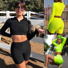 New Hot Female Fluorescence Fitness High Waist Shorts Sports Suits And Two Pieces Sets Full Sleeve Zipper Turtleneck Tops 2024 - buy cheap