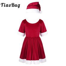 Tiaobug fantasia infantil de natal para meninas, vestido de manga curta em veludo com guarnição de pele falsa e chapéu de natal para festa 2024 - compre barato