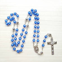 Colar de rosário azul de acrílico qigo, pingente longo de cruz católica para homens e mulheres, joias religiosas 2024 - compre barato