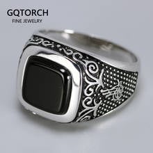 Joyería Vintage Punk de plata 925 para hombre, anillo cuadrado con piedra negra para hombre, Flores Retro grabados, sello turco, anillos para hombre 2024 - compra barato