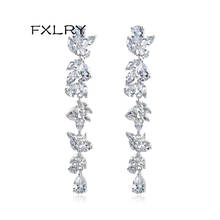 FXLRY Luxury White/Black/Blue Color CZ Big Exquisite Leaf-shaped Long Drop Earrings for Women Wedding Party Jewelry Gift 2024 - buy cheap
