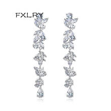 FXLRY-pendientes largos en forma de hoja para mujer, de lujo, Color blanco/Negro/azul, CZ, grandes y exquisitos, regalo de joyería para fiesta de boda 2024 - compra barato