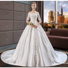 New Boat Neck Princess Ball Gown Wedding Dresses Sexy Ivory  Applique Lace Half Sleeves Satin Vintage Bridal Bride Gown 2024 - buy cheap