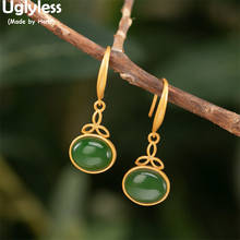 Uglyless-pendientes de hojas triangulares huecas para mujer, aretes de jaspe de Jade verde Natural, aretes de piedras preciosas doradas, bisutería de plata 925 2024 - compra barato