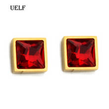 Uelf Luxury Female Red Square Stud Earrings Fashion Stainless Steel  Wedding Jewelry  Crystal Zircon Earrings For Women 2024 - buy cheap