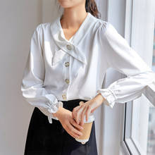 Женские рубашки для женщин 2021 шифоновая блузка с длинным рукавом Дамские топы на пуговицах однотонный бант расклешенный рукав корейская мода одежда 0843 2024 - купить недорого