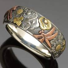 Vintage Rose Gold Dragonfly Rings For Men Women Antique Silver Color Jewelry Retro Fashion Yellow Gold Flower Ring Wedding Bands 2024 - buy cheap
