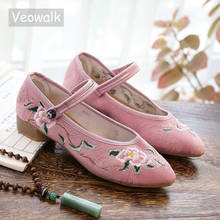 Veoway sapatos femininos bordados artesanais, feitos a mão, de algodão, mary jane, retrô, casual, para mulheres, sapatos de dança, bico ponteagudo 2024 - compre barato